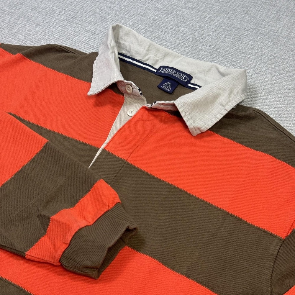 Lands' End Rugby Polo Shirt Mens 2XL Orange Brown Striped Cotton Long Sleeve